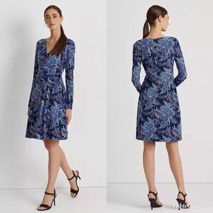 LAUREN RALPH LAUREN Floral Jersey V-Neck Long-Sleeve Dress
